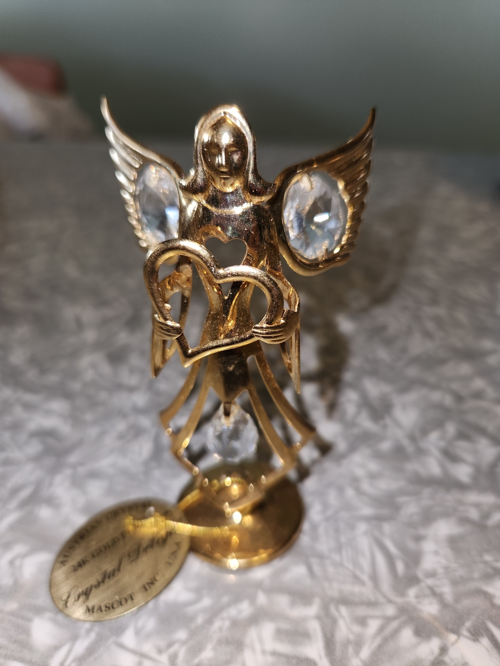 Vintage 24K Gold Plated Gold Angel Figurine withAustrian  Crystal Accents/ Tag